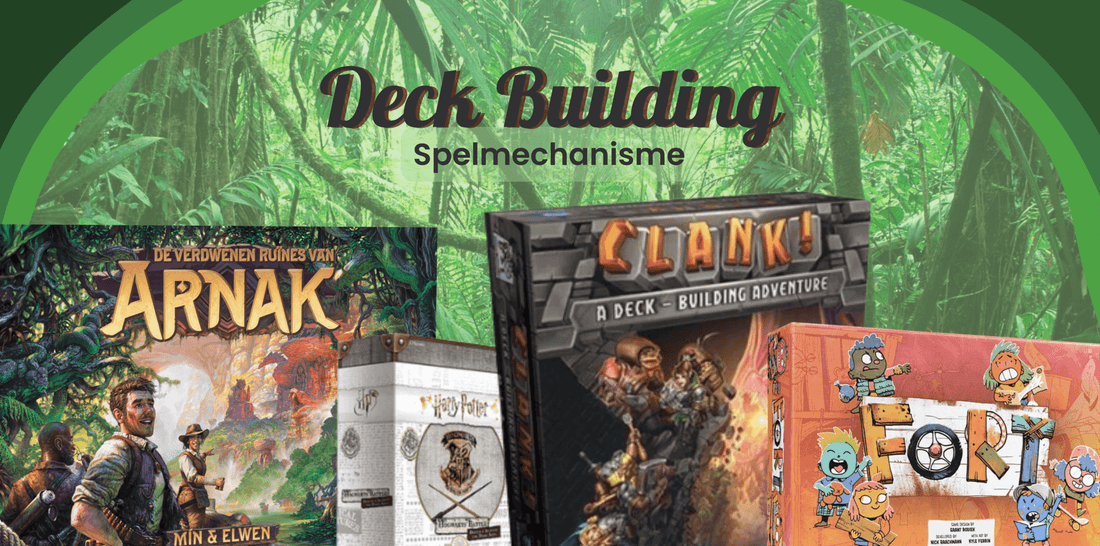 Vier verschillende Deck building spellen op een rij: Arnak, Harry Potter Duel, Clank en Fort