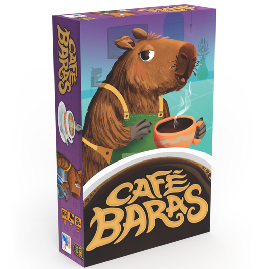 Café Baras bordspel doos met illustratie van een gezellig café en vrolijke gasten aan tafels

